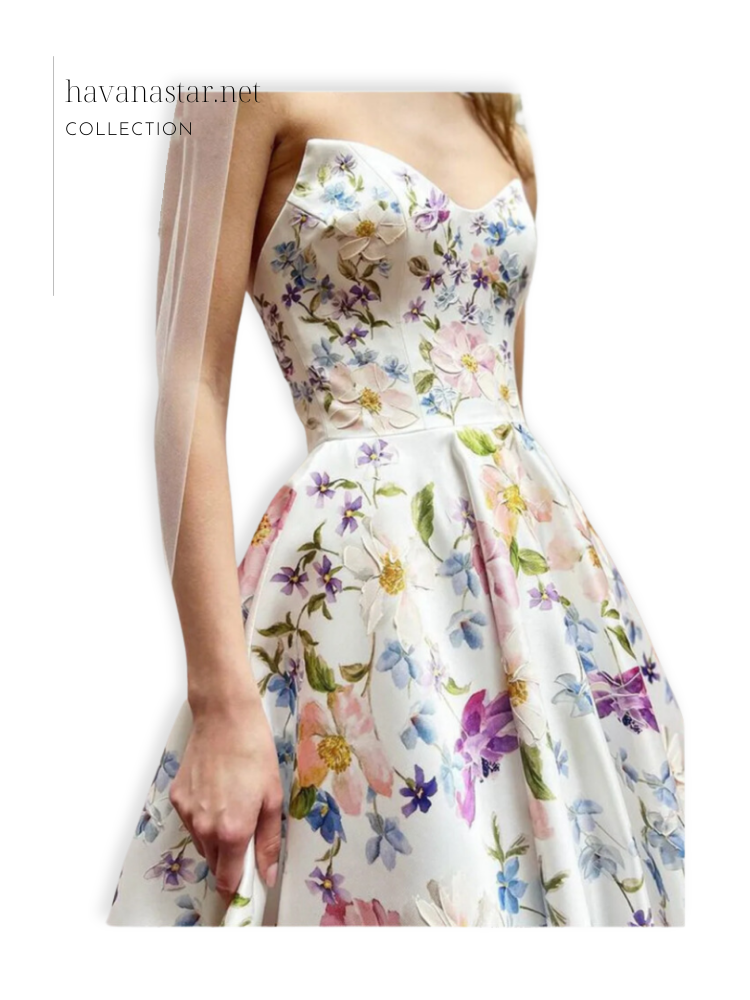 ‏فستان زفاف مطبوع ‏بزهور ملونة